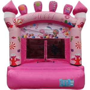 Location château gonflable Sweet Fun rose décor bonbons à Cournon-d’Auvergne (63), proche de Clermont-Ferrand