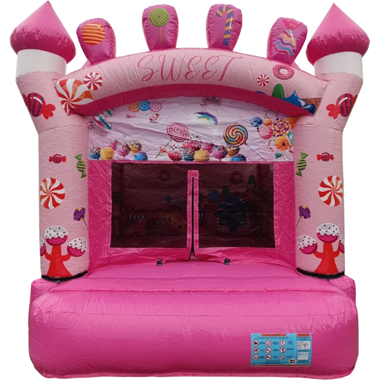 Location château gonflable Sweet Fun rose décor bonbons à Cournon-d’Auvergne (63), proche de Clermont-Ferrand