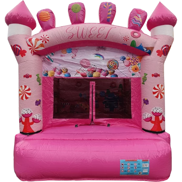 Location château gonflable Sweet Fun rose décor bonbons à Cournon-d’Auvergne (63), proche de Clermont-Ferrand